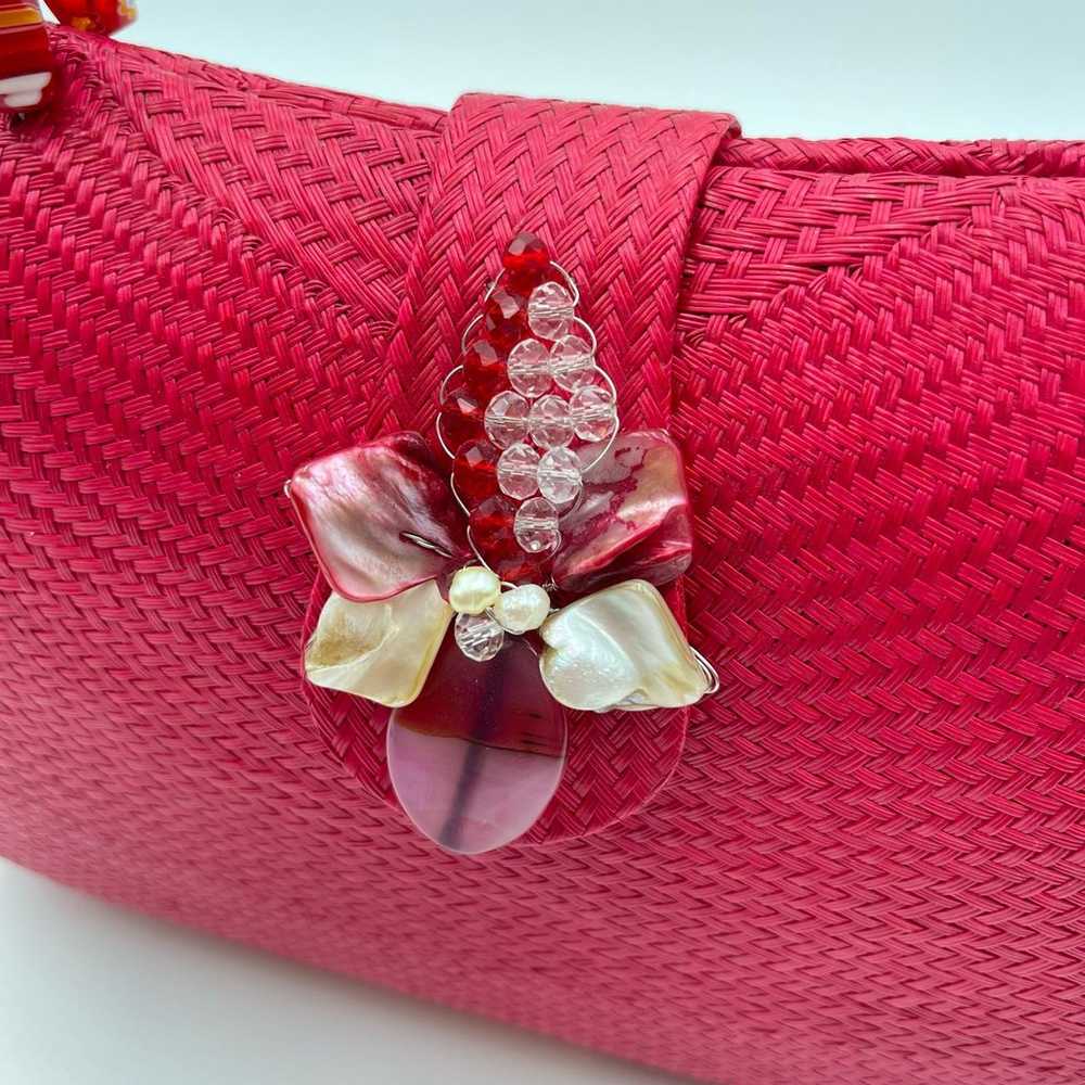 Vintage | Red Straw Purse Mother of Pearl Flower … - image 10