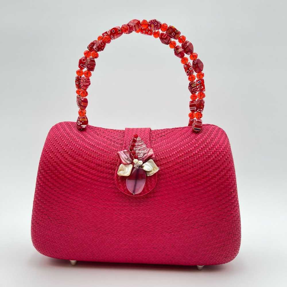 Vintage | Red Straw Purse Mother of Pearl Flower … - image 12