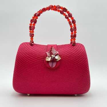 Vintage | Red Straw Purse Mother of Pearl Flower … - image 1