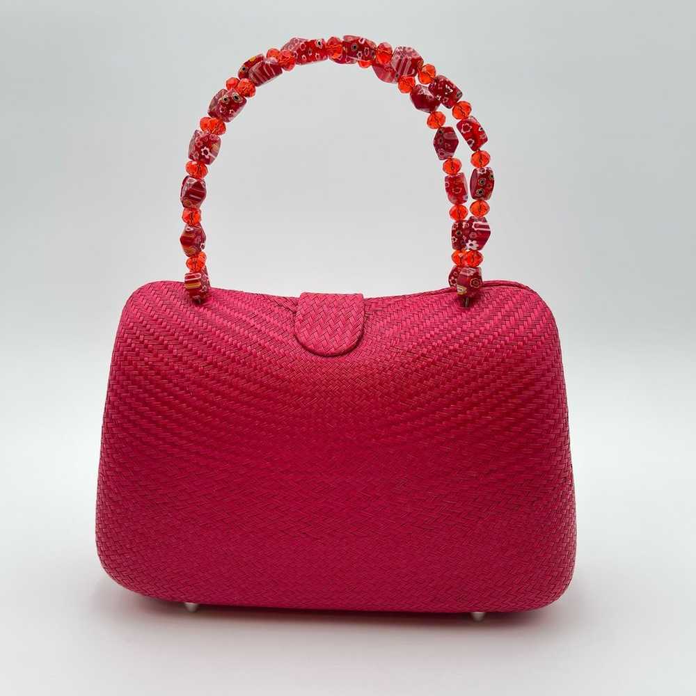 Vintage | Red Straw Purse Mother of Pearl Flower … - image 2