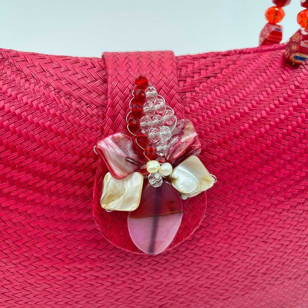 Vintage | Red Straw Purse Mother of Pearl Flower … - image 3