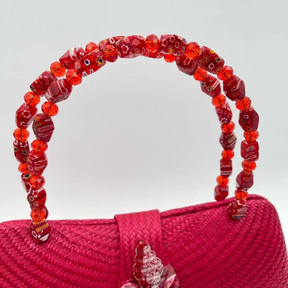 Vintage | Red Straw Purse Mother of Pearl Flower … - image 6