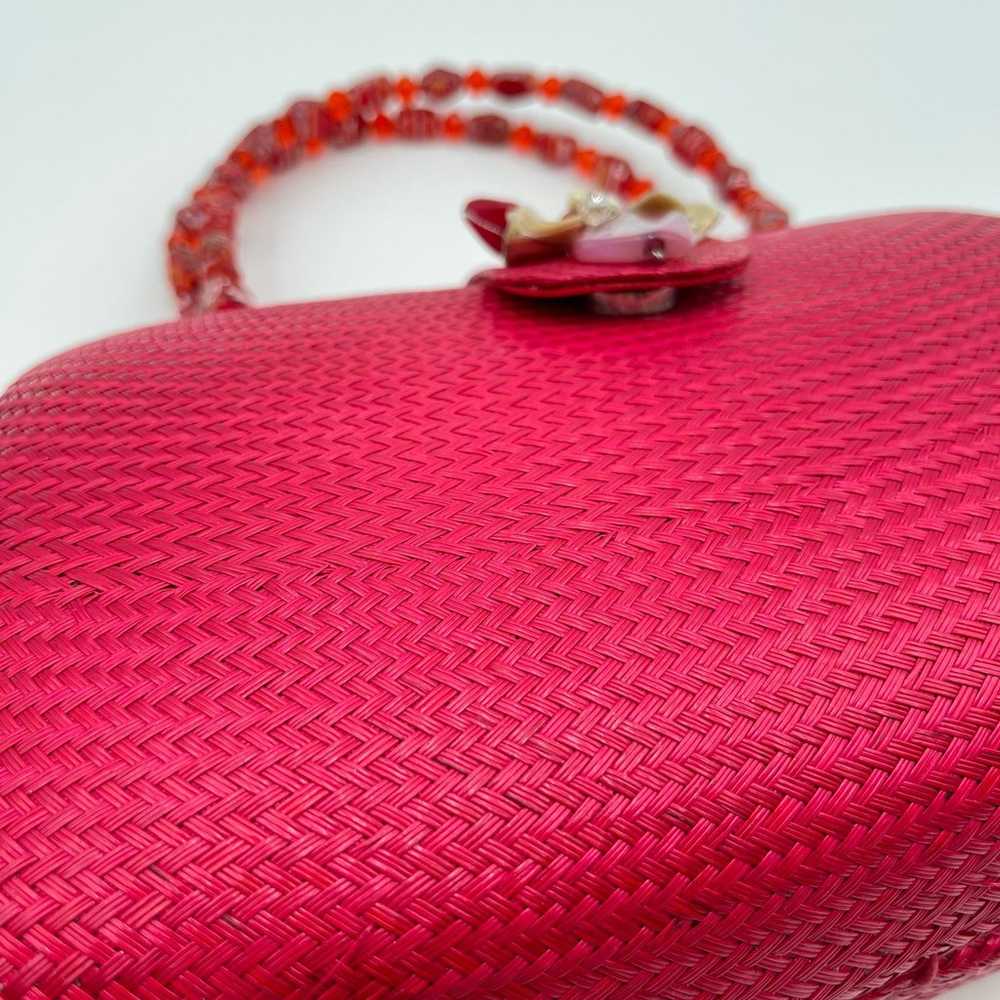 Vintage | Red Straw Purse Mother of Pearl Flower … - image 9
