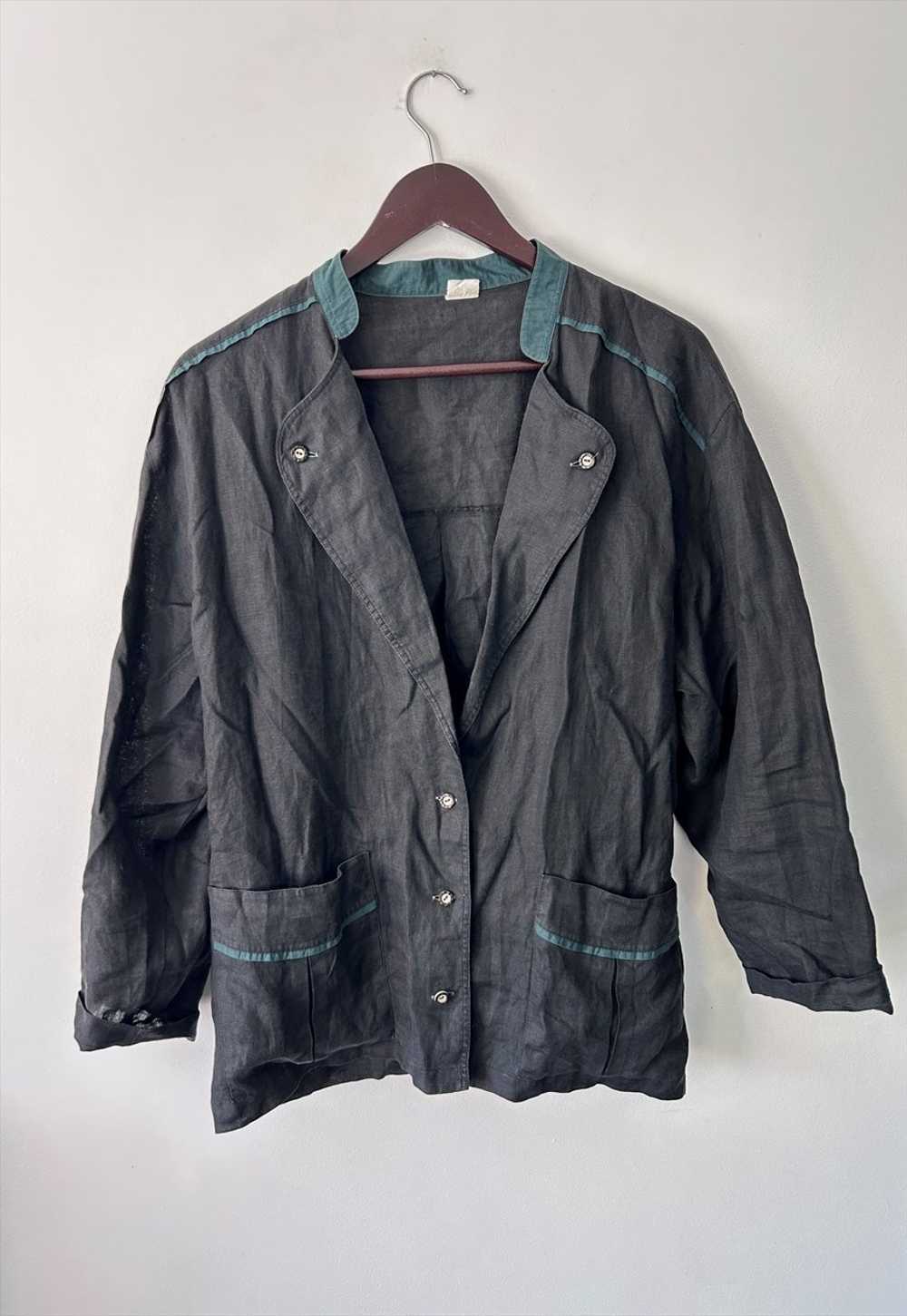 Black Linen Vintage Trachten Blazer Jacket - XL - image 5