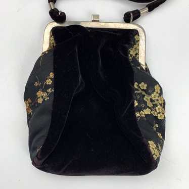 Vintage Black Gold Floral Print Womens Purse Hang… - image 1