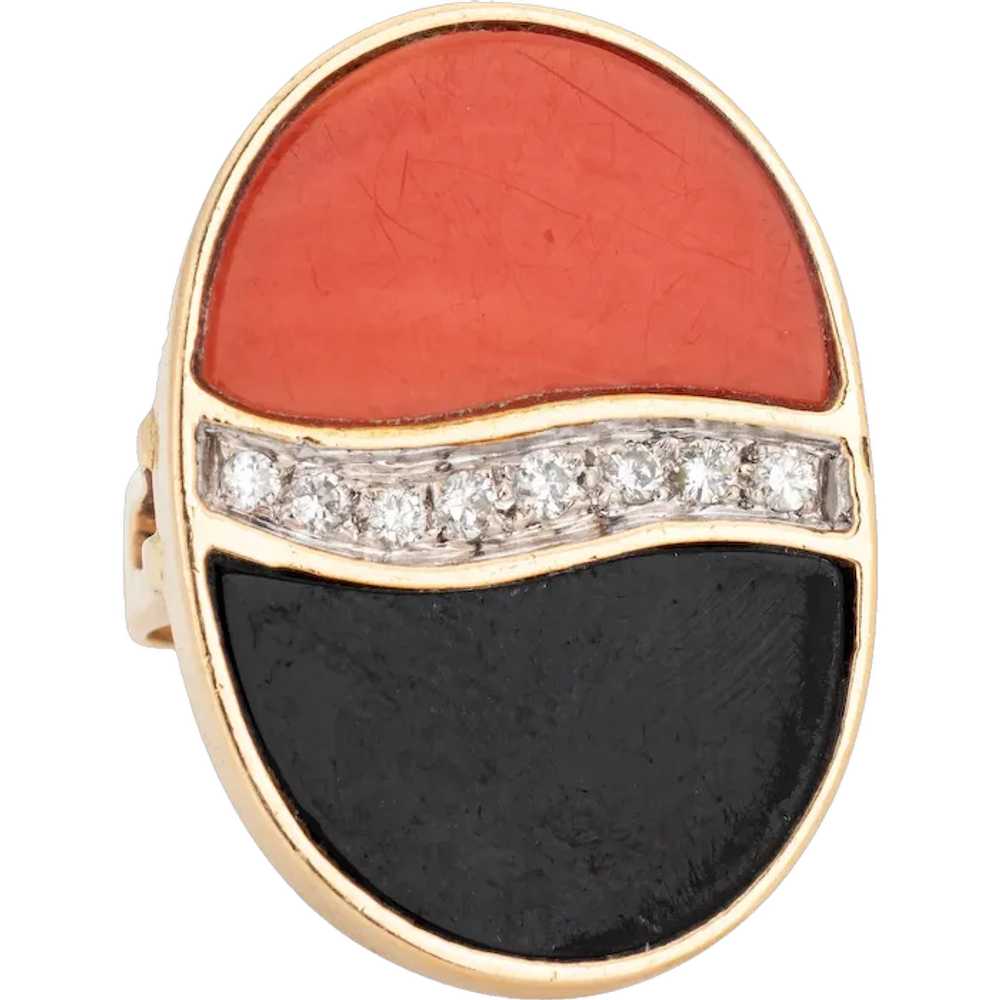 70s Coral Onyx Diamond Ring Vintage 14 Karat Yell… - image 1
