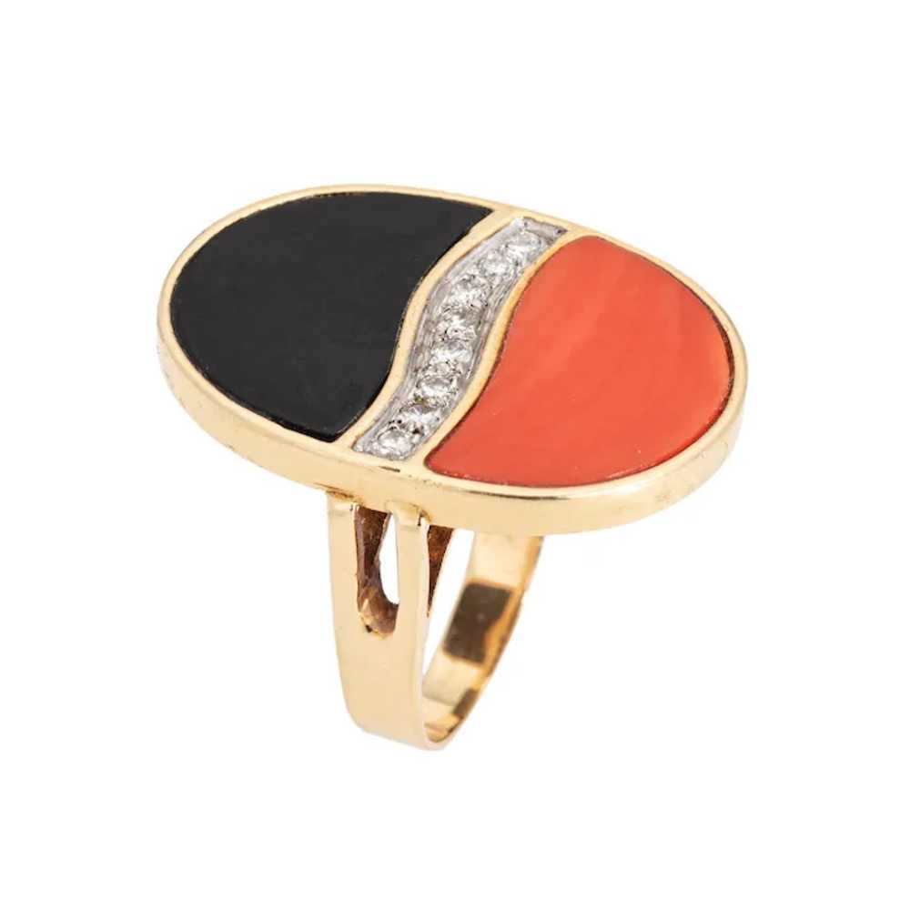 70s Coral Onyx Diamond Ring Vintage 14 Karat Yell… - image 2