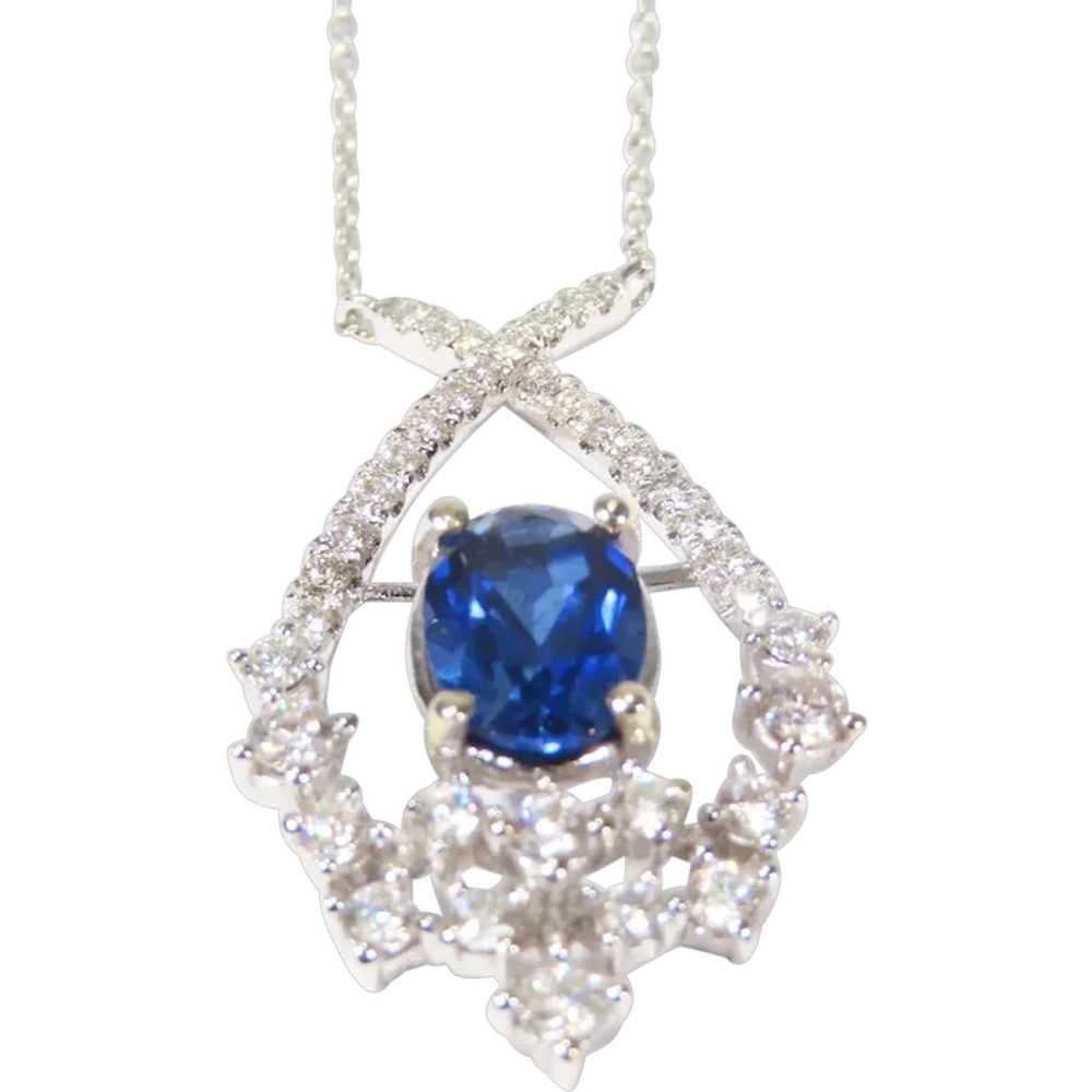 Estate 14K white gold Natural blue sapphire & Dia… - image 1