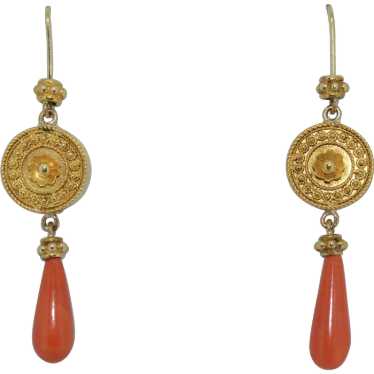 Etruscan Revival 14K Coral Drop Earrings
