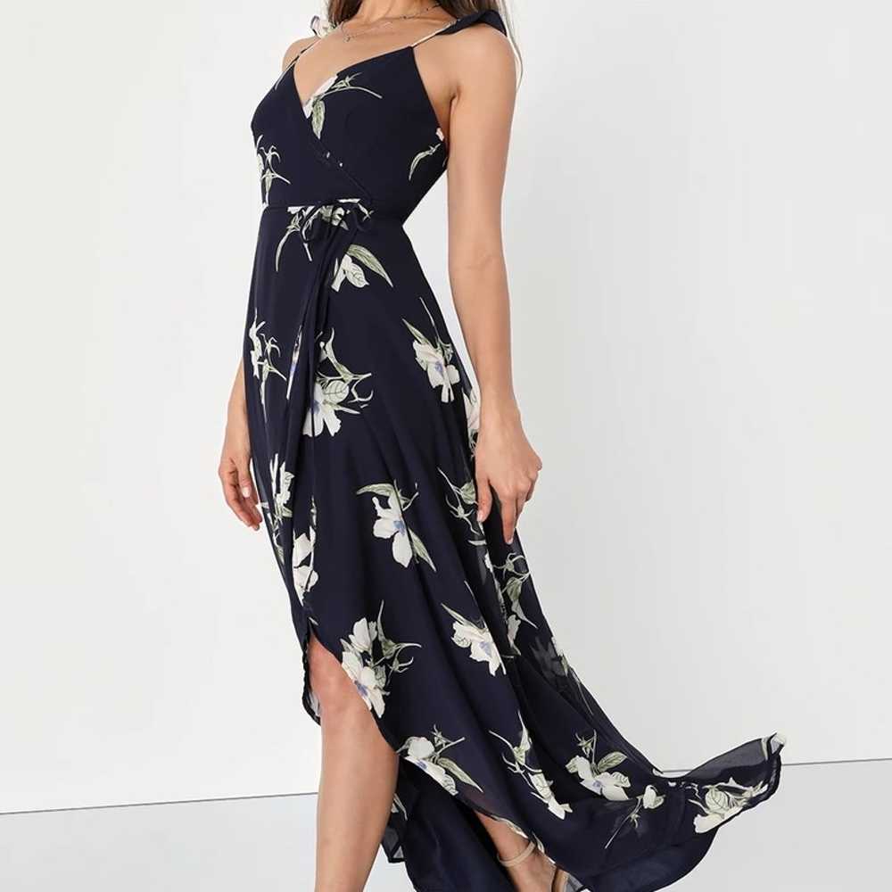 All Mine Navy Blue Floral Print High-Low Wrap Dre… - image 3