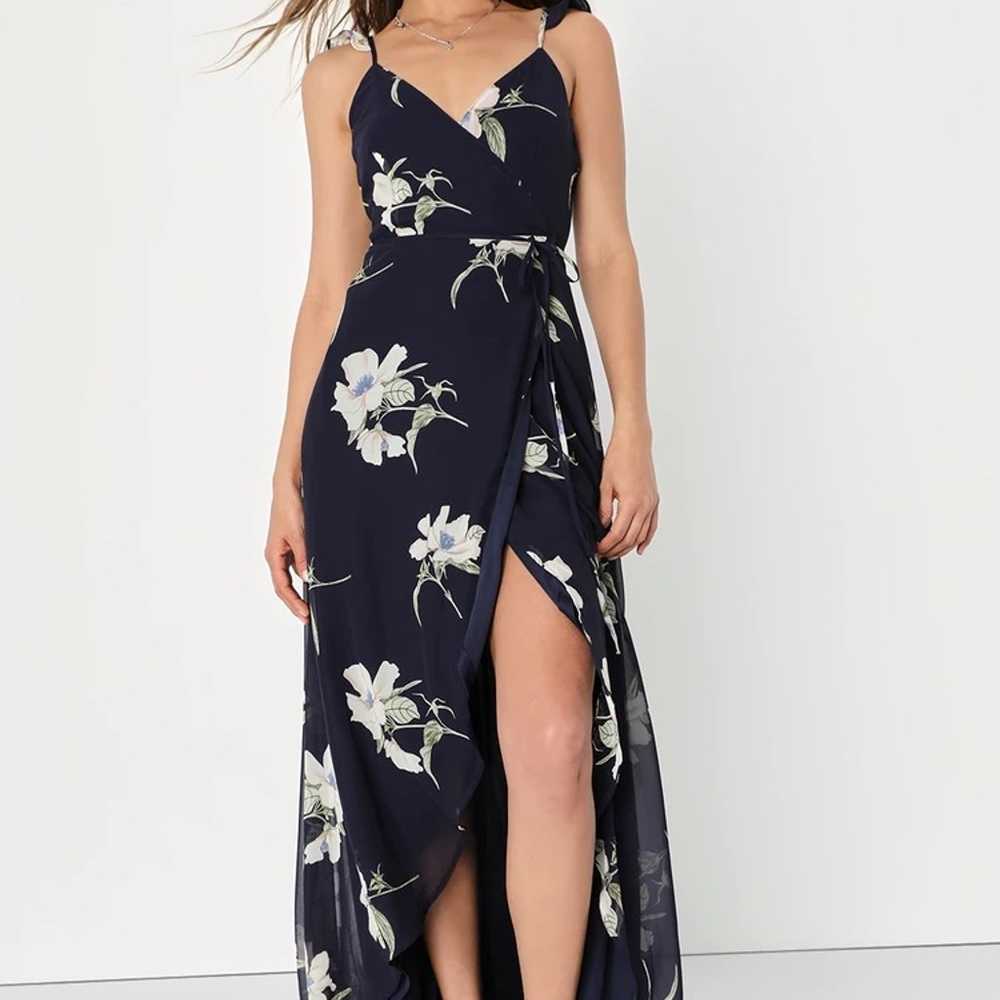 All Mine Navy Blue Floral Print High-Low Wrap Dre… - image 5