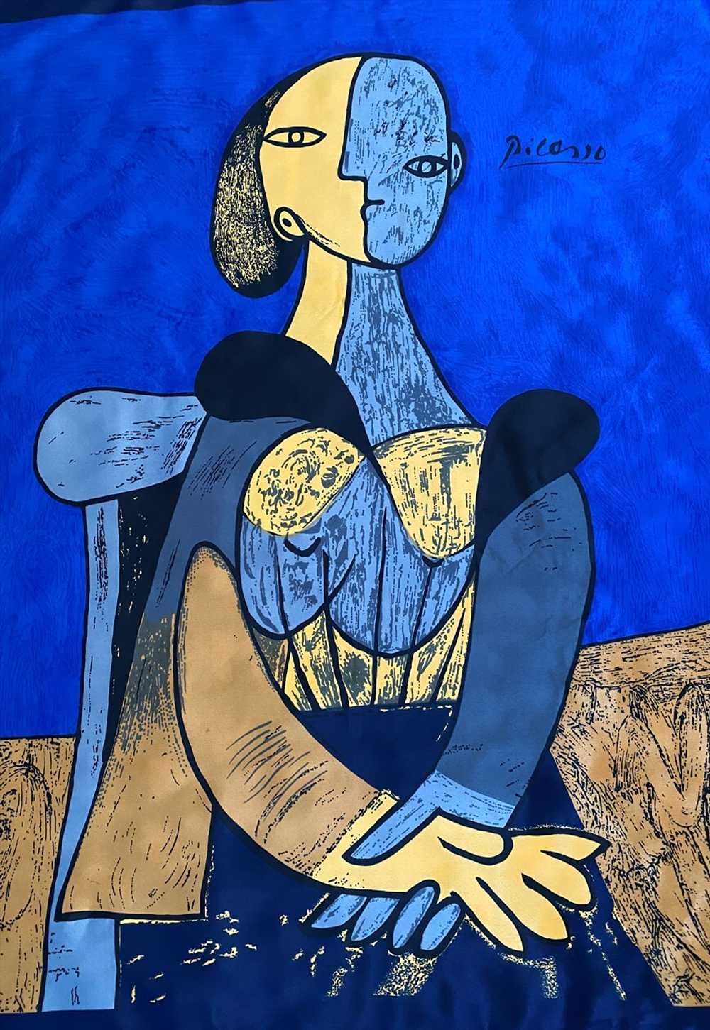 80's Vintage Picasso Print Abstract Blue Yellow S… - image 2