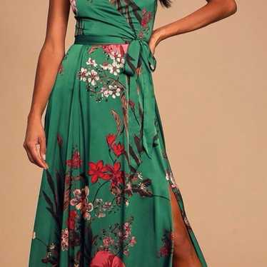 Still The One Floral Print Emerald Green Satin Dr… - image 1