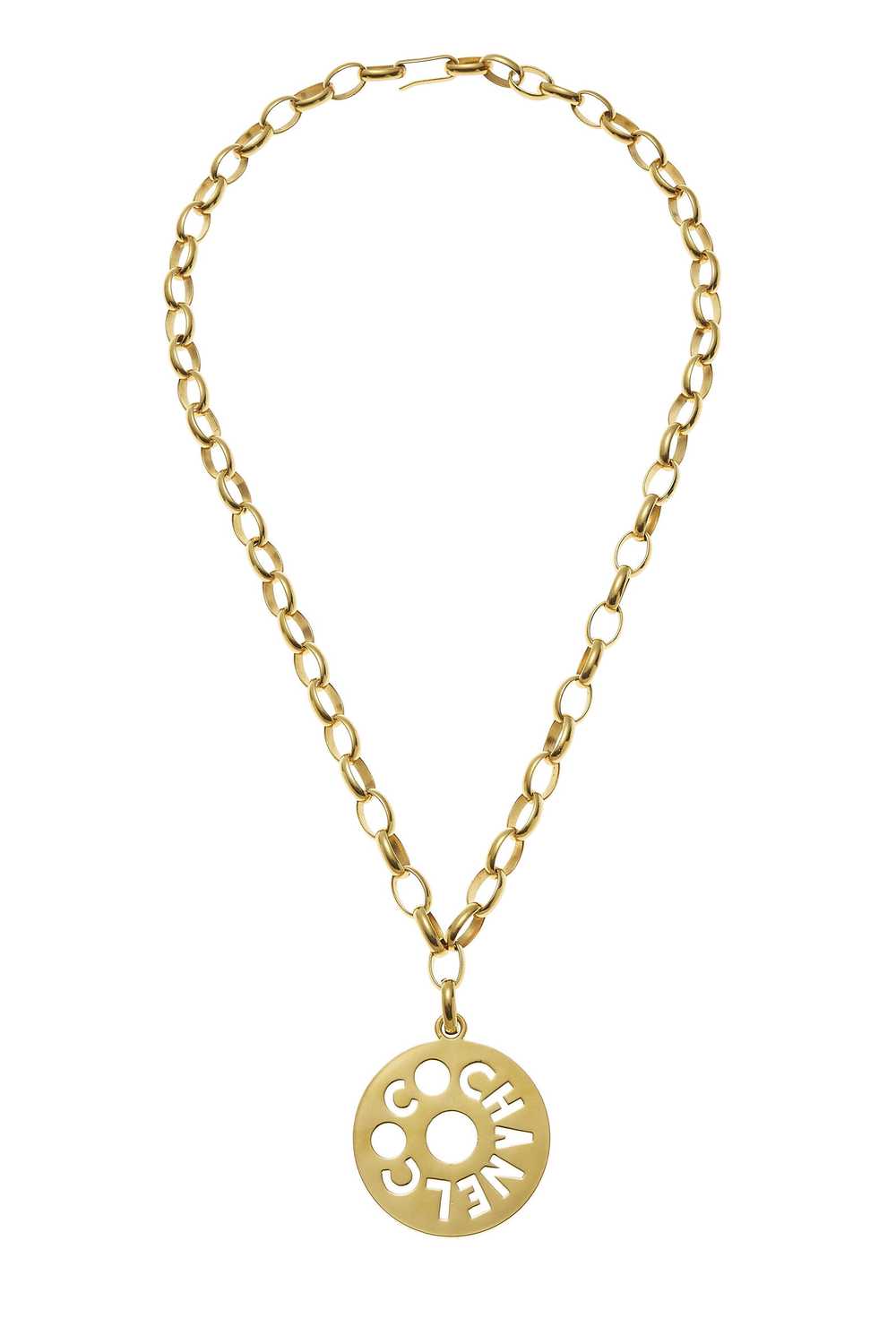 Gold Coco Chain Round Cutout Pendant Necklace Lar… - image 1