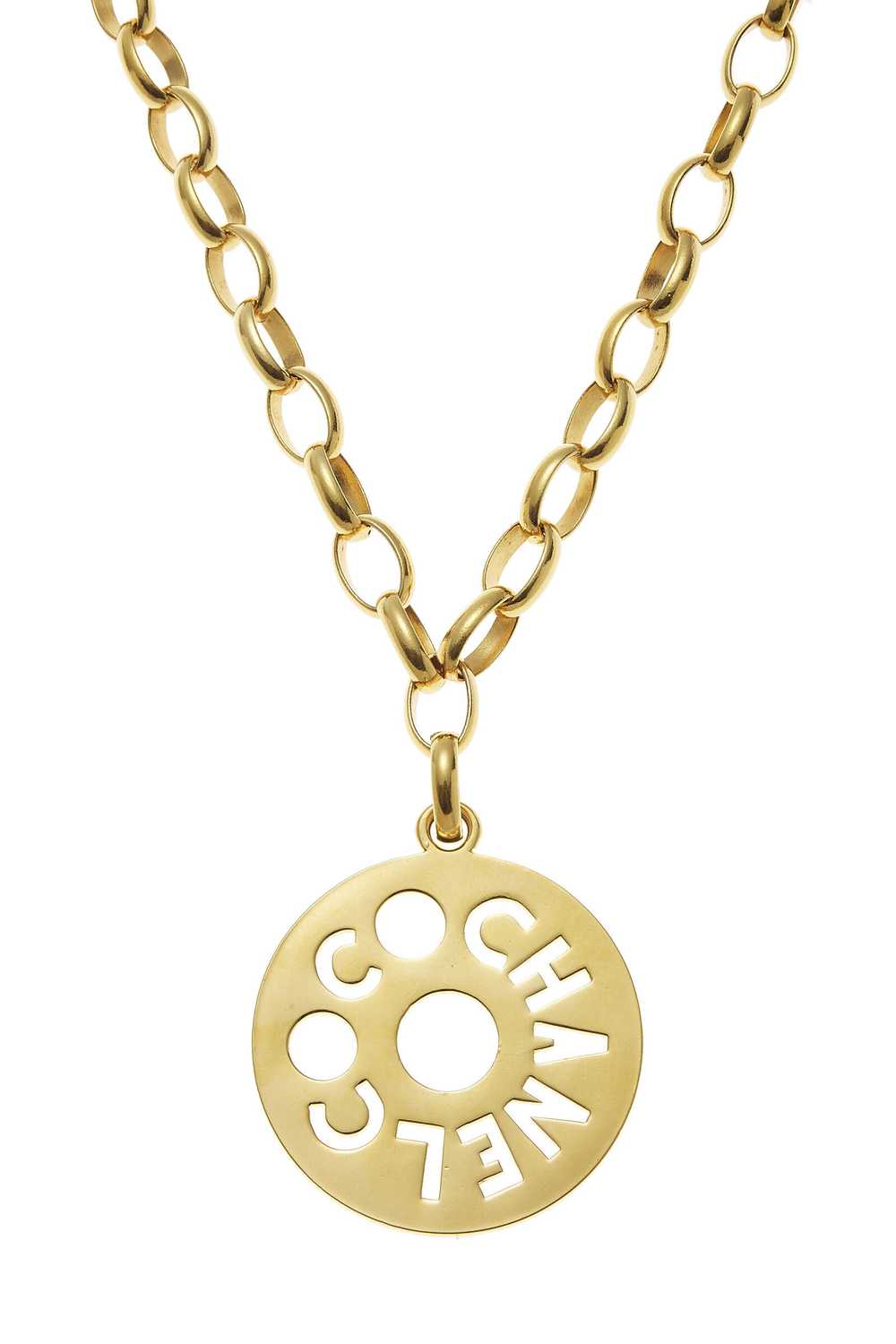 Gold Coco Chain Round Cutout Pendant Necklace Lar… - image 2
