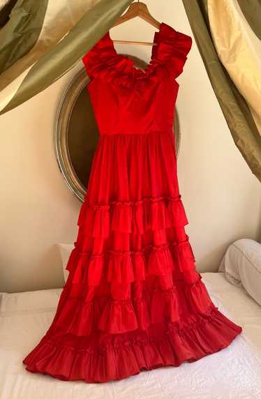 Vintage Cherry Red Ruffled Taffeta Tiered Dress