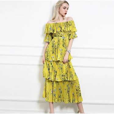 Self Portrait Yellow Floral Tiered Pleated Dress W