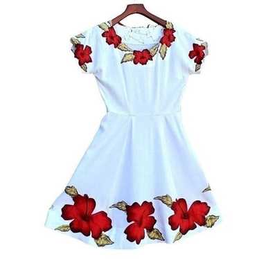 40s Dress White Linen M 8 Applique Red Hibiscus Fl