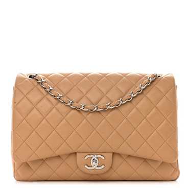 CHANEL Lambskin Quilted Maxi Double Flap Beige