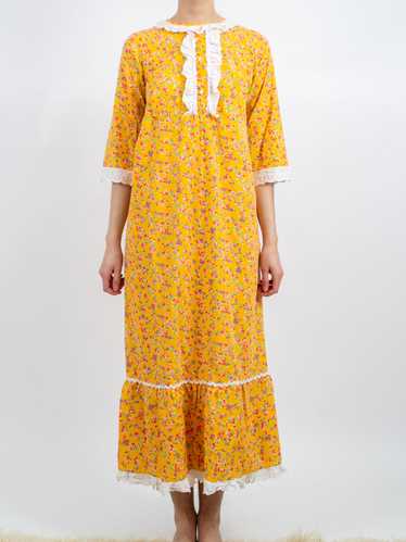 1970s Yellow Floral Cotton Maxi Dress with Lace Tr