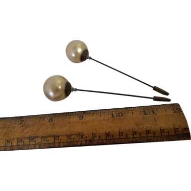 2 Vintage Large Round Ball Faux Pearl Hat Pins 19… - image 1