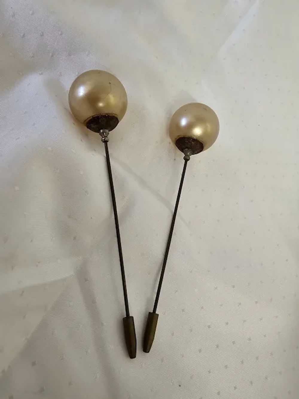 2 Vintage Large Round Ball Faux Pearl Hat Pins 19… - image 2