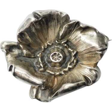 Poppy Flower antique sterling silver brooch pin by