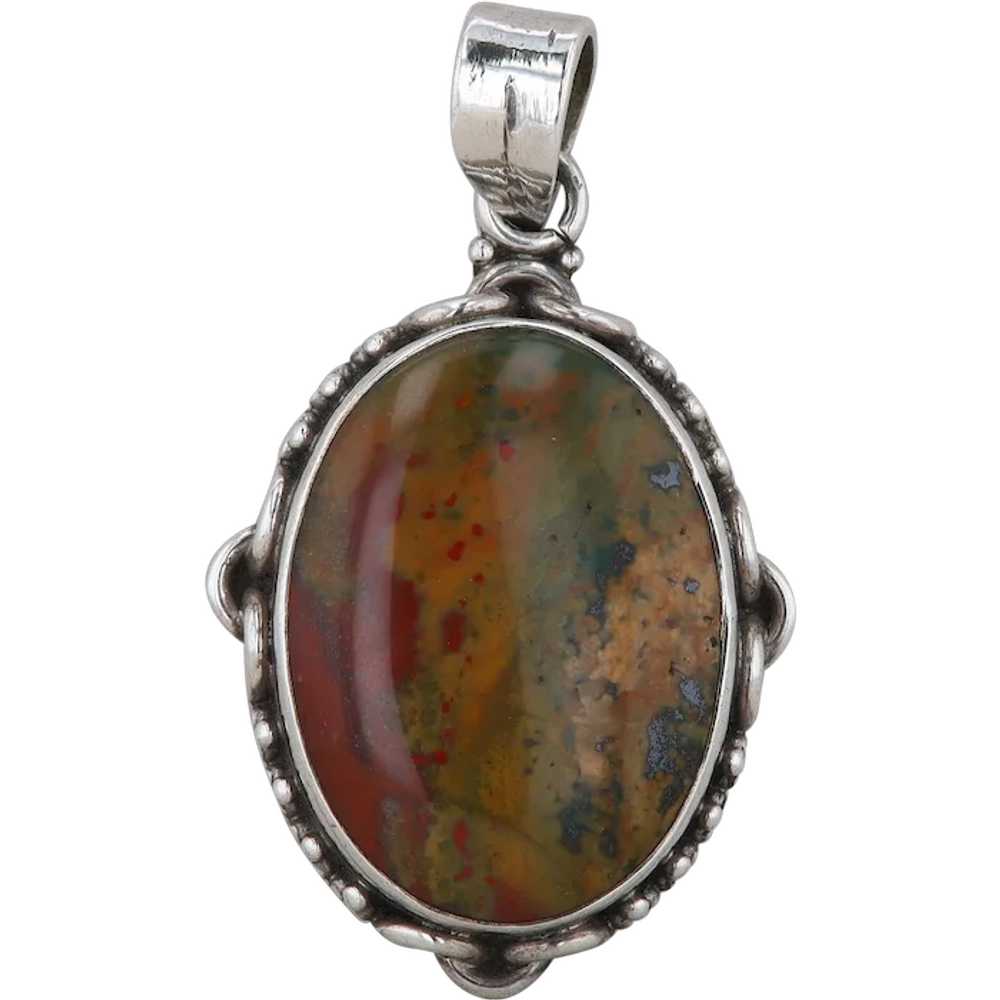 Sterling Silver Jasper Oval Filigree Pendant - image 1