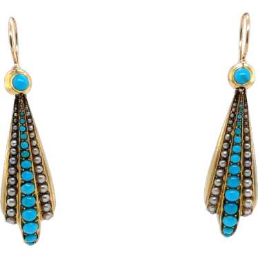 Victorian 14K Yellow Gold Turquoise and Seed Pearl
