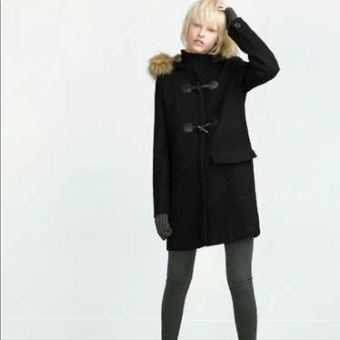 Zara Black Faux Fur Hood Duffel Coat - image 1