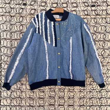 Vintage 90s handmade denim jean bomber jacket wit… - image 1