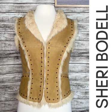 SHERI BODELL Studded Tan Leather 100% Rabbit Fur … - image 1