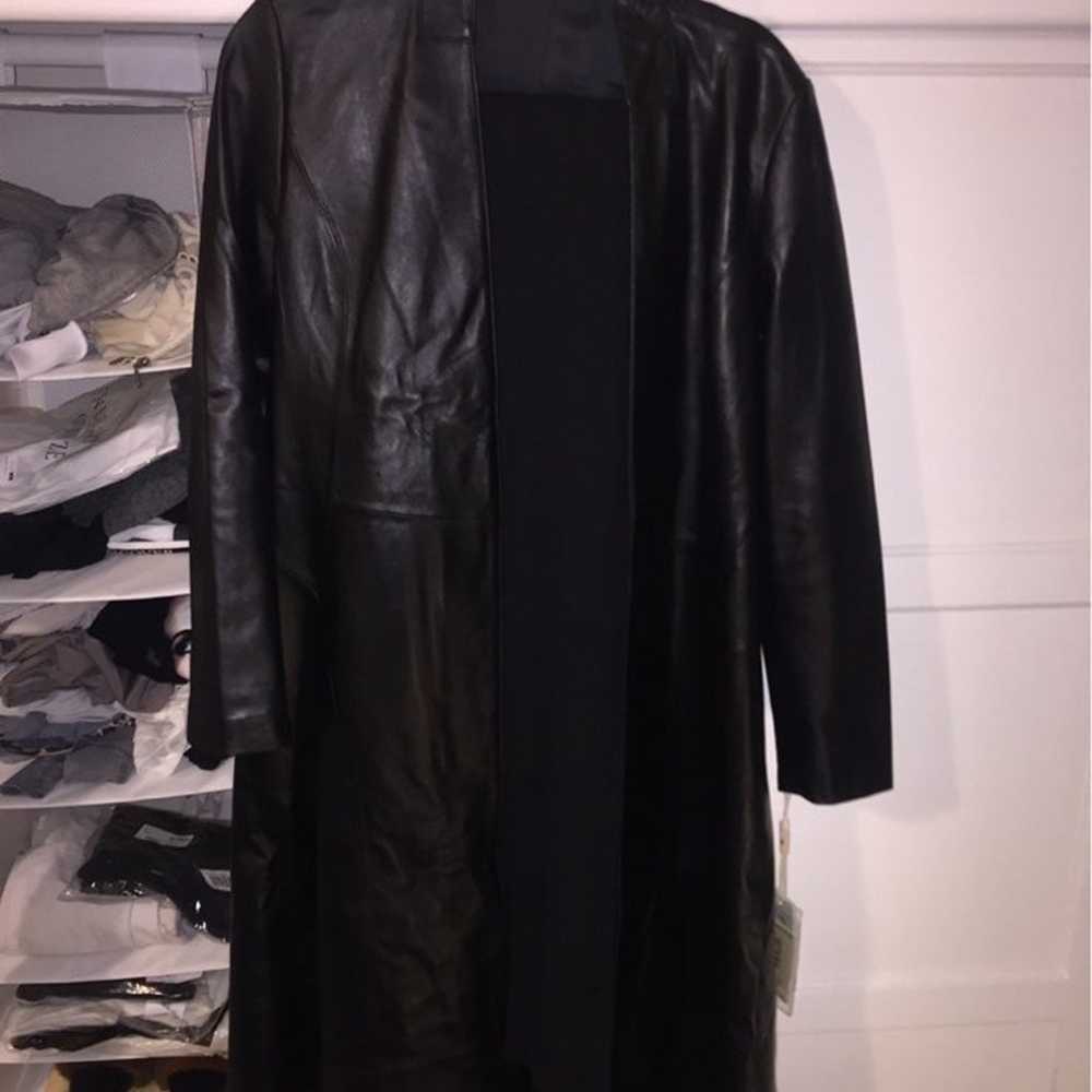 Black Leather Kimono Wrap Trench Coat Jacket - image 6
