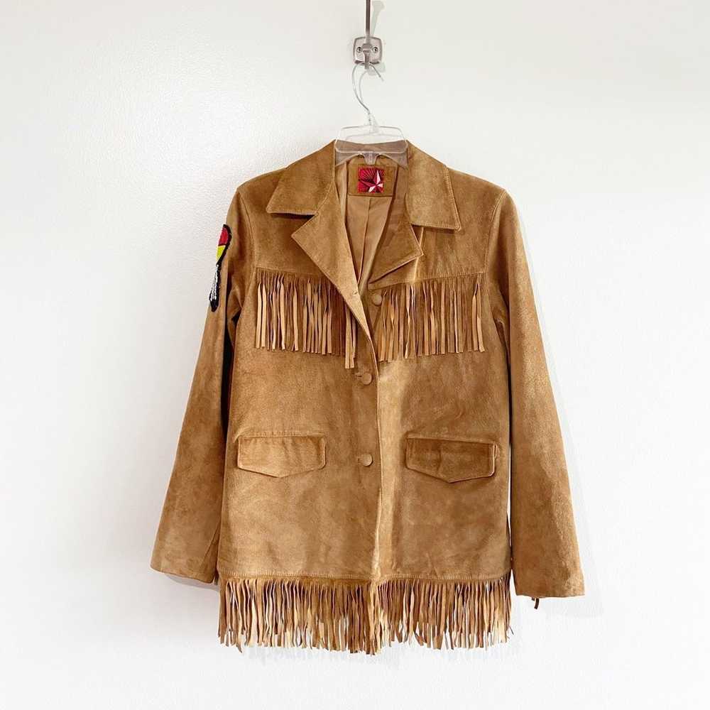 Vintage Genuine Leather Suede Fringe Jacket Camel… - image 2