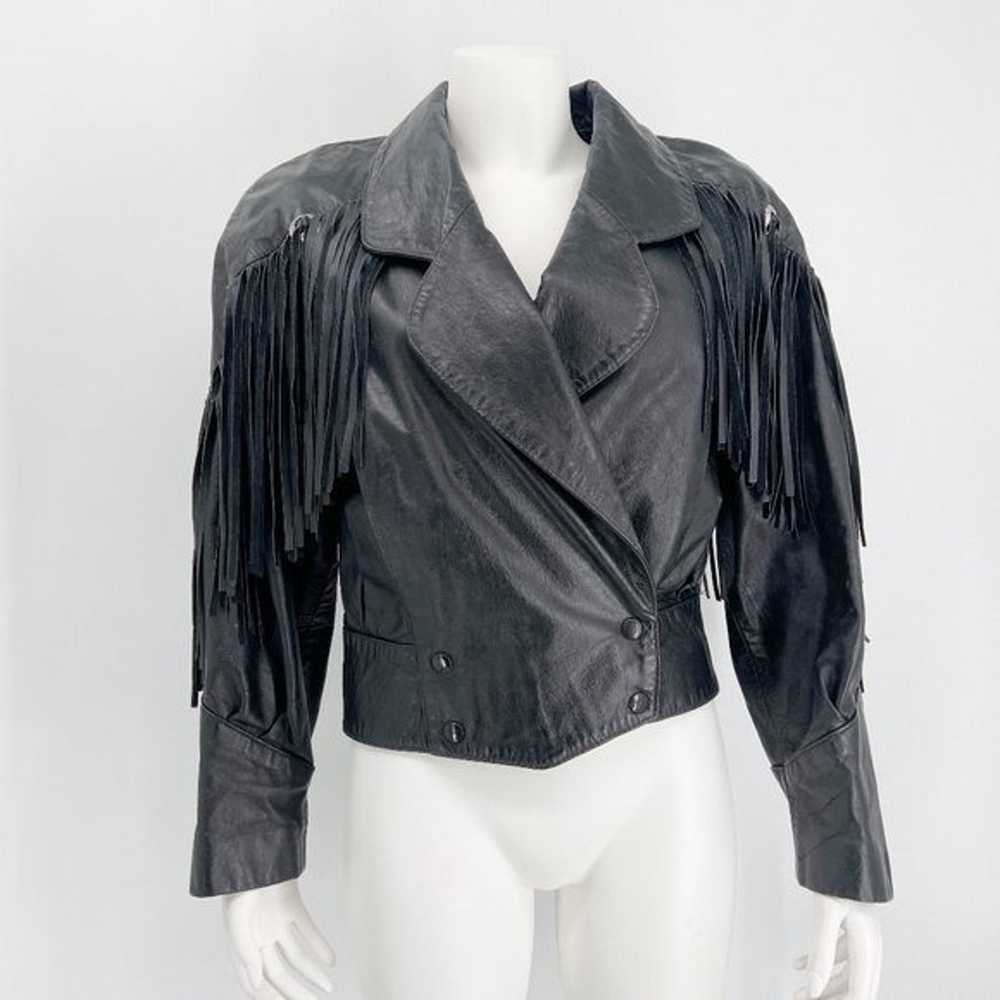 Vintage G-III Black Fringe Leather Jacket Snap Fr… - image 1