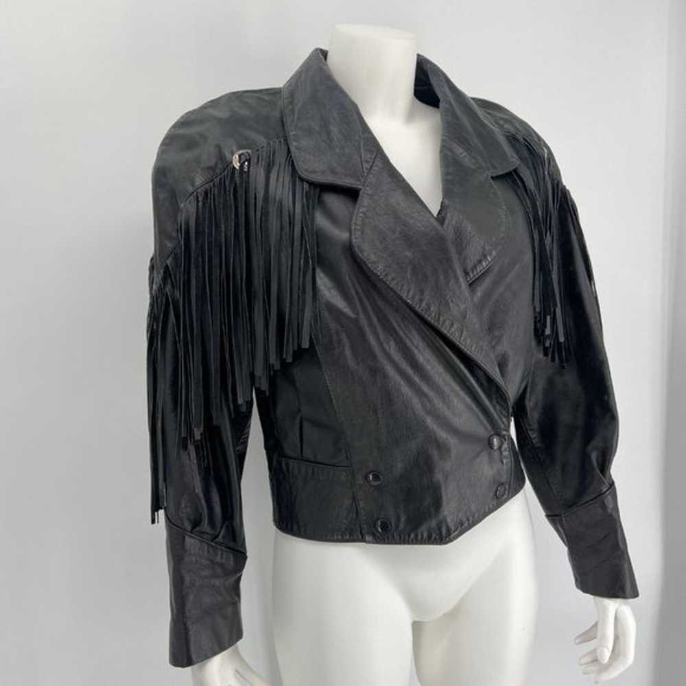Vintage G-III Black Fringe Leather Jacket Snap Fr… - image 2