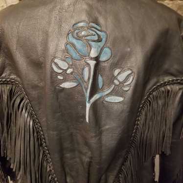 80s Black Leather Fringed Rose Jacket