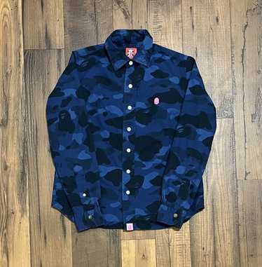 Bape Bape long sleeve blue camo button up shirt - image 1