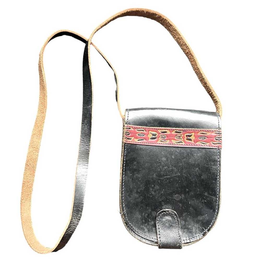 Vintage Handmade Black Tooled Leather Camera Cros… - image 1