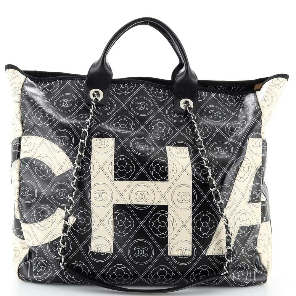 CHANEL Logo Camellia Shopping Tote Printed Coated… - image 1
