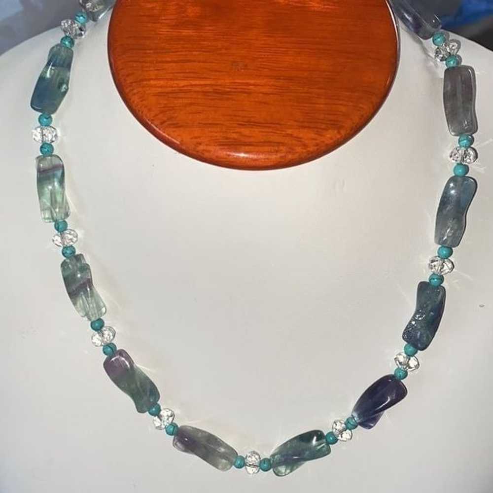 Rainbow Fluorite Pebble Necklace With Turquoise S… - image 2