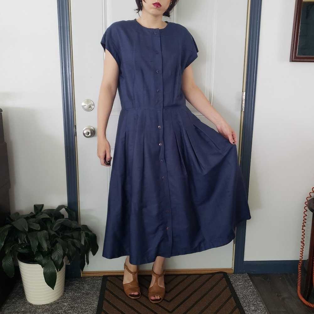80s Does 40s Blue Silk Midi Dress - image 1
