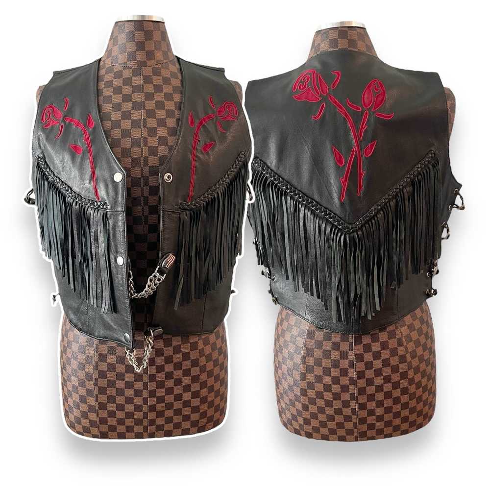 Vintage Pegasus Ladies Black Leather Vest Fringed… - image 1