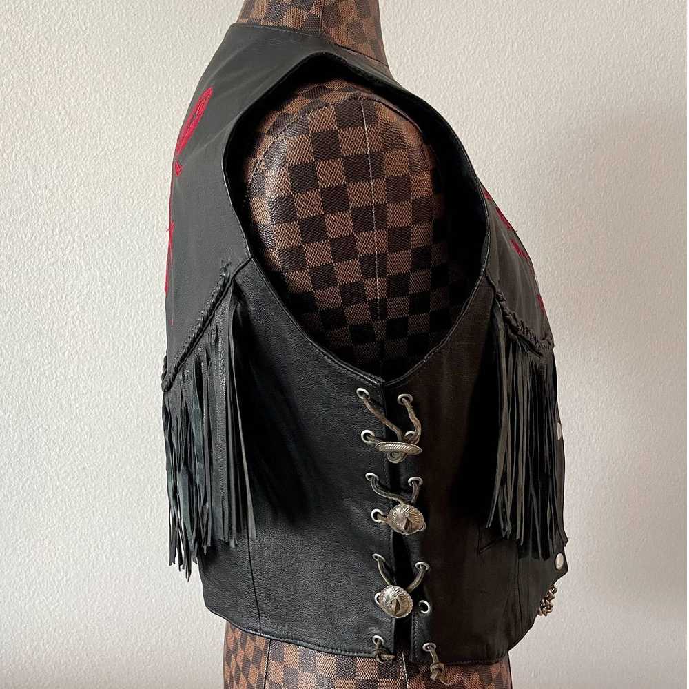Vintage Pegasus Ladies Black Leather Vest Fringed… - image 2