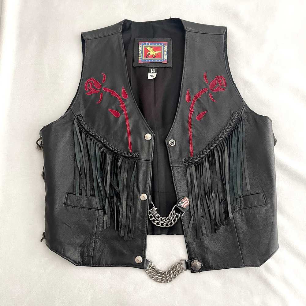 Vintage Pegasus Ladies Black Leather Vest Fringed… - image 3