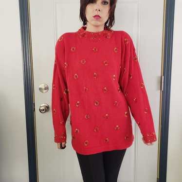 80s Red and Gold Beaded Sweater