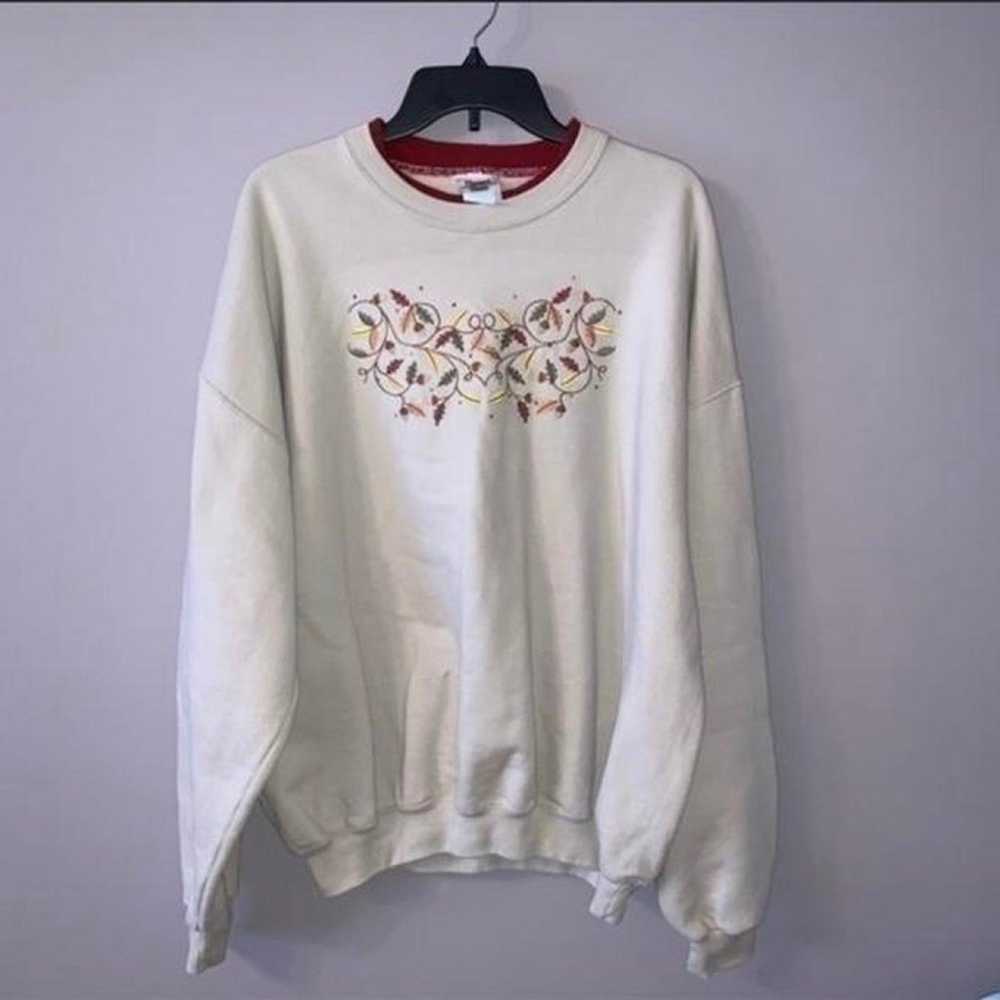 Vintage beige stitched leaf autumn sweater XL ple… - image 1