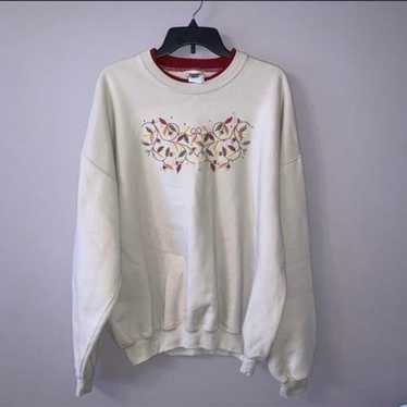 Vintage beige stitched leaf autumn sweater XL ple… - image 1