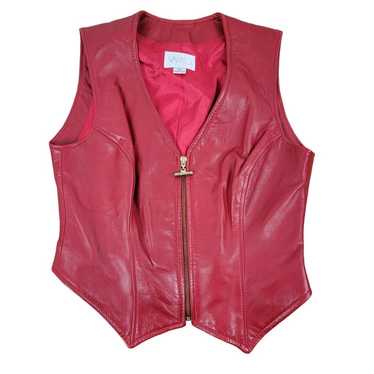 Vakko Red Leather Vest Womens Size Medium Gold Zi… - image 1