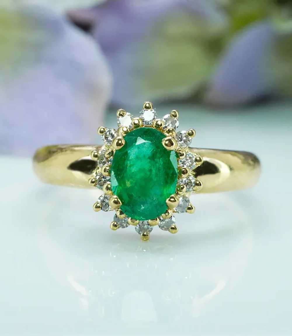 Vintage Emerald Diamond 18K Gold Halo Princess Di… - image 2
